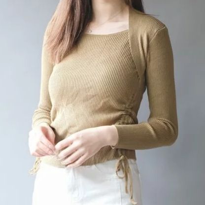 Square neck drawstring striped knitted top