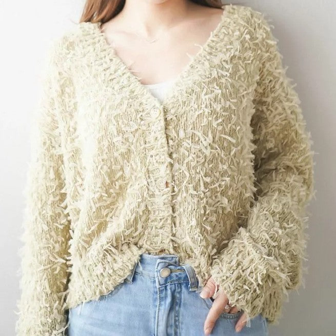 V-neck lace panel knit sweater