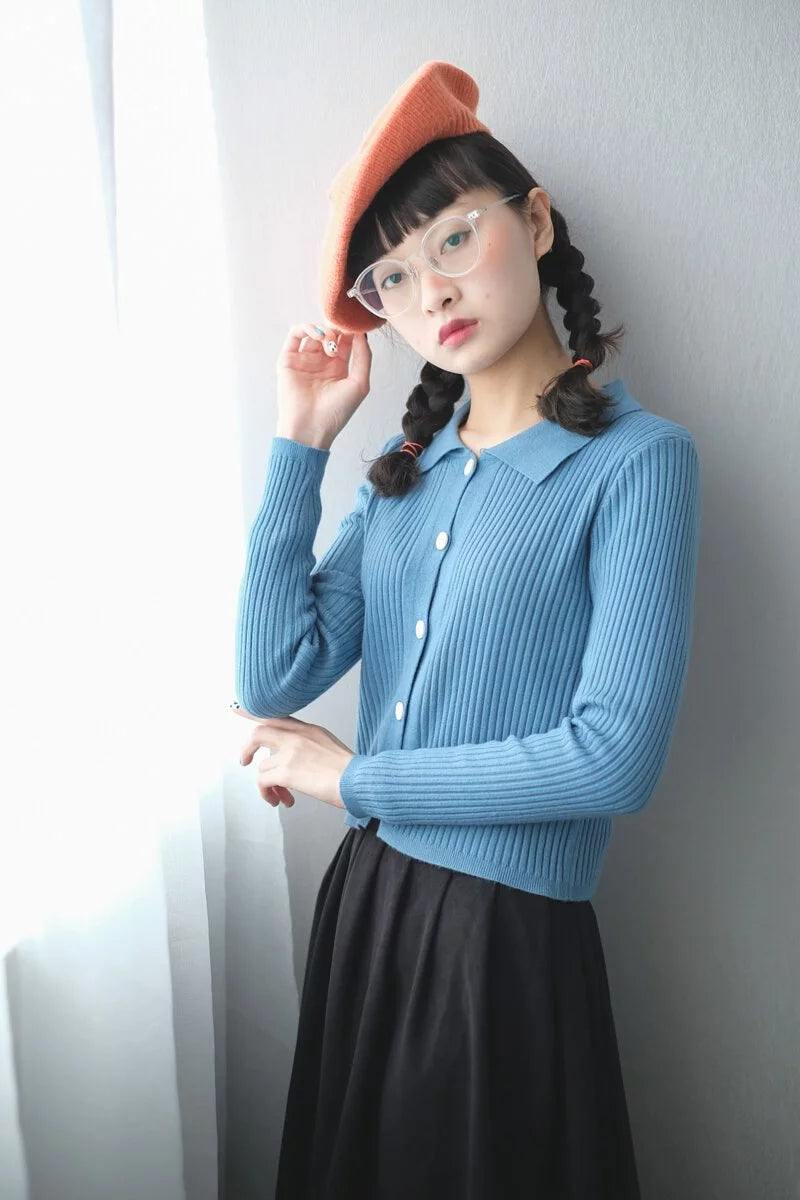 垂直條紋針織領上衣