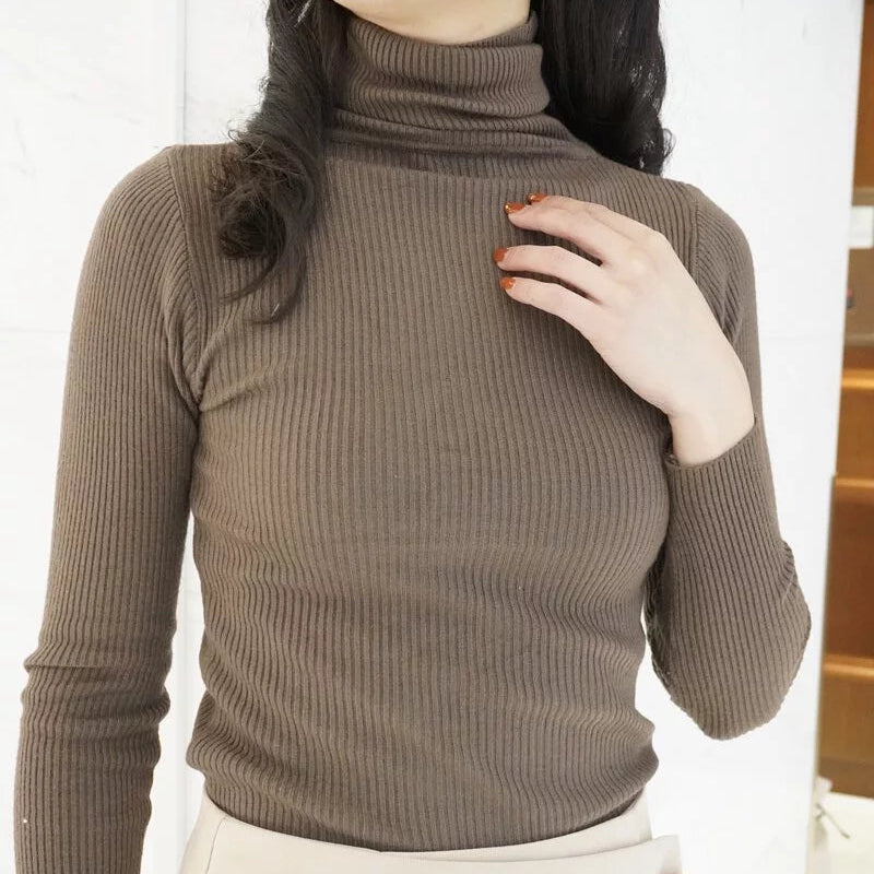 高領羅紋針織修身百搭上衣