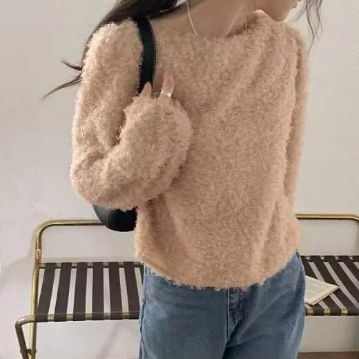 Boat neck solid color long sleeve sweater
