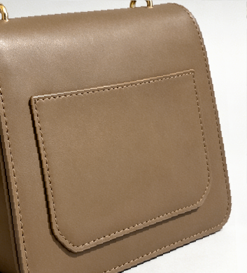 Back slip card pocket on taupe Square Side Bag with Gold Buckle at Grandmama Store in Hong Kong