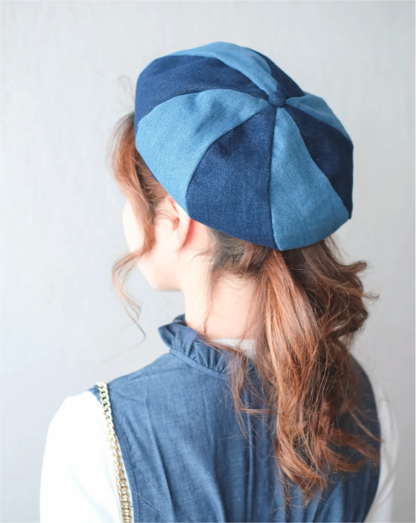 Back view of two-tone denim Sunshine Beret at Grandmama Store in Hong Kong