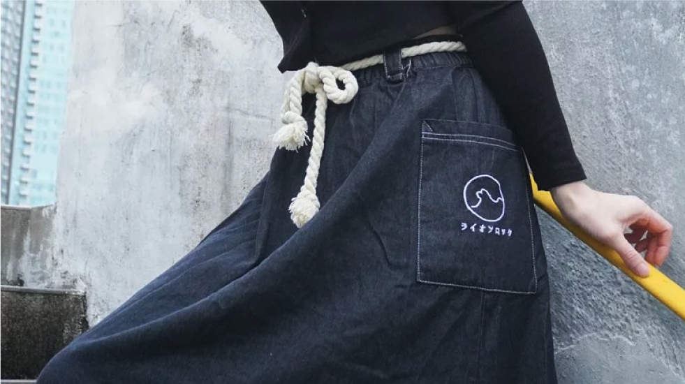 Black Kamon Denim Dress featuring rope belt and Lion Rock patch pocket at Grandmama Store in Hong Kong