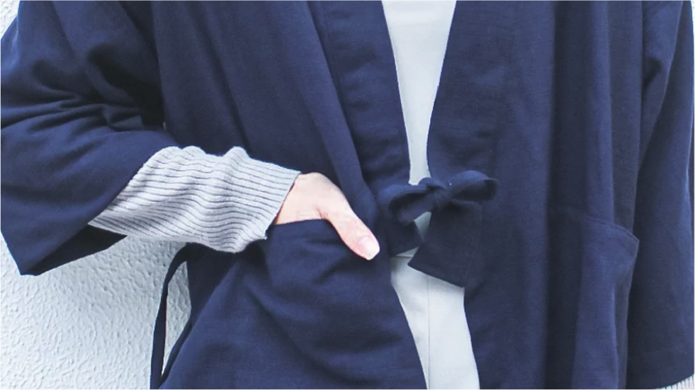 Close-up front pocket and tie closure on Navy Blue Kamon Kimono Jacket-Fuji San at Grandmama Store in Hong Kong