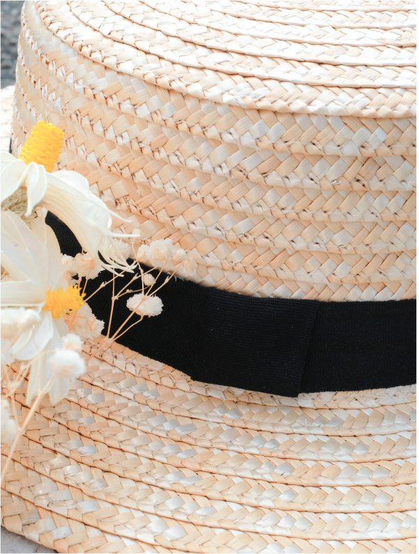 Close-up of French Straw Boater Hat weave and black ribbon at Grandmama Store in Hong Kong