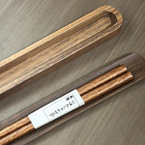 Close-up of wood grain and label on Japanese Artisan Chopsticks Gift Set at Grandmama Store in Hong Kong