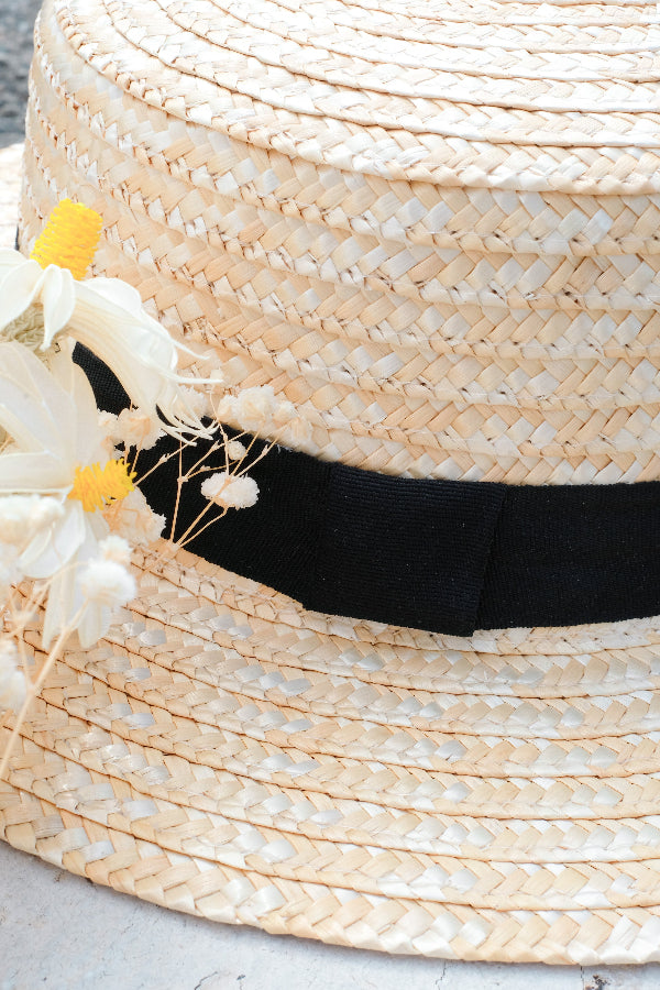Close-up of woven straw texture and black ribbon on French Straw Boater Hat at Grandmama Store in Hong Kong