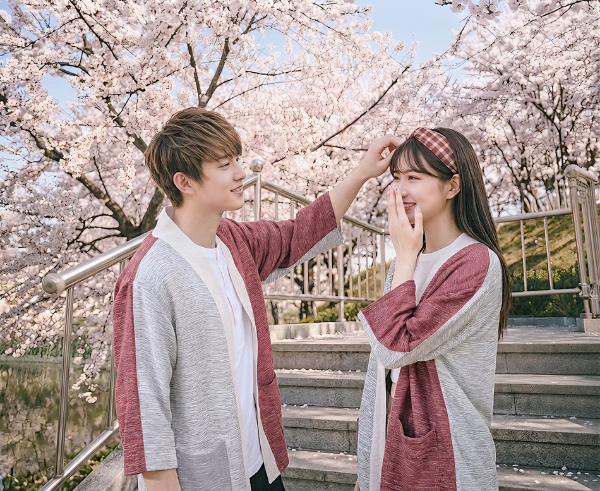 Couple wearing matching Hand-cranked Kimonos in Tokyo Tower colorway under cherry blossom trees at Grandmama Store in Hong Kong.