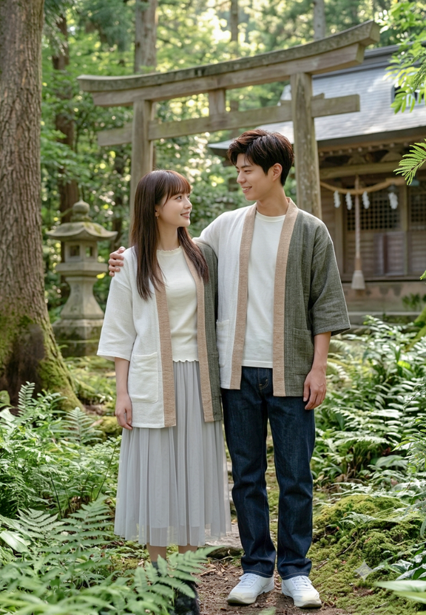 Couple wearing matching olive green and white kimono cardigans at Grandmama Store in Hong Kong.