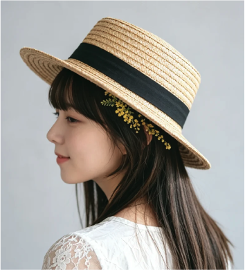 Female model profile wearing French Straw Boater Hat at Grandmama Store in Hong Kong