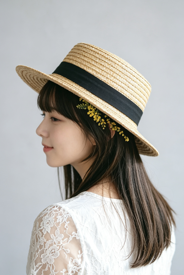 Female model wearing French Straw Boater Hat with black ribbon and mimosa flowers at Grandmama Store in Hong Kong