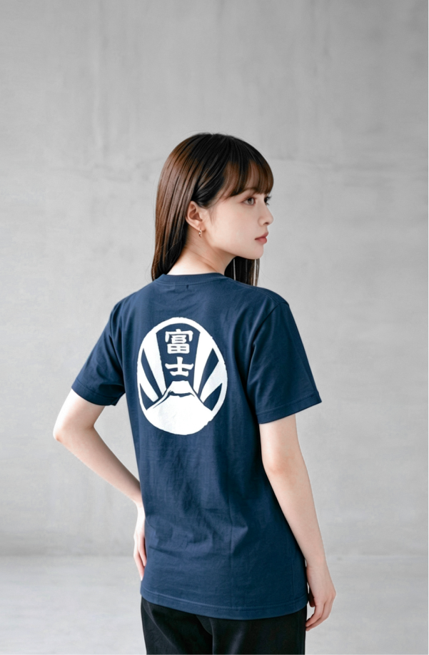 Female model wearing navy blue Kamon Tee Fujisan edition at Grandmama Store in Hong Kong