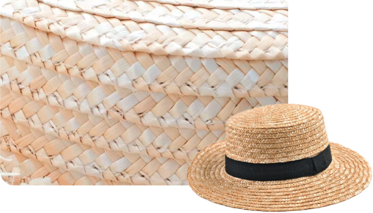 French Straw Boater Hat with straw texture detail overlay at Grandmama Store in Hong Kong