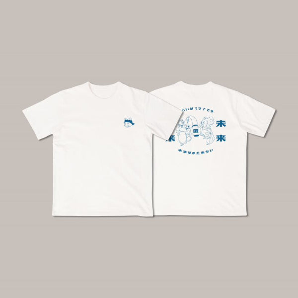 Front and back view of the white Dancing Cat Tee (Bright Blue edition) at Grandmama Store in Hong Kong