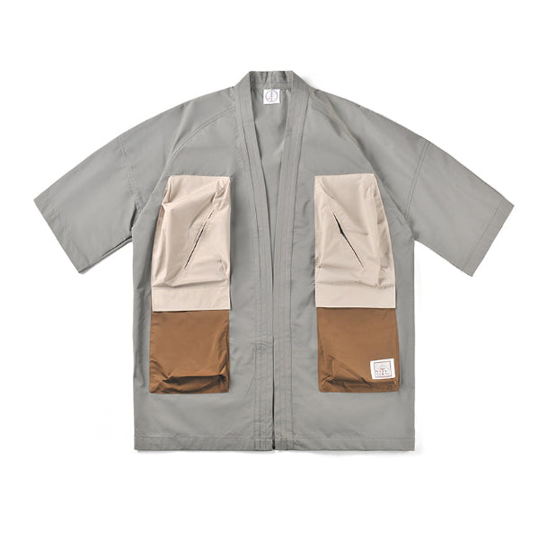 Front view of the grey Morikawa Yama Kimono Jacket with utility pockets at Grandmama Store in Hong Kong.