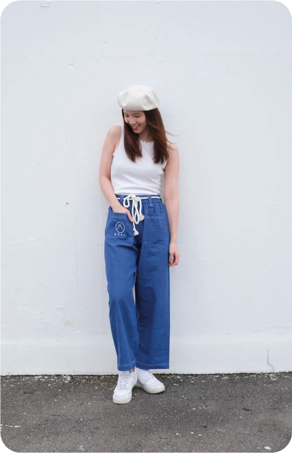 Full length of female model in Oxford blue Kamon Japanese Waist Rope Pants-Mt.Fuji at Grandmama Store in Hong Kong