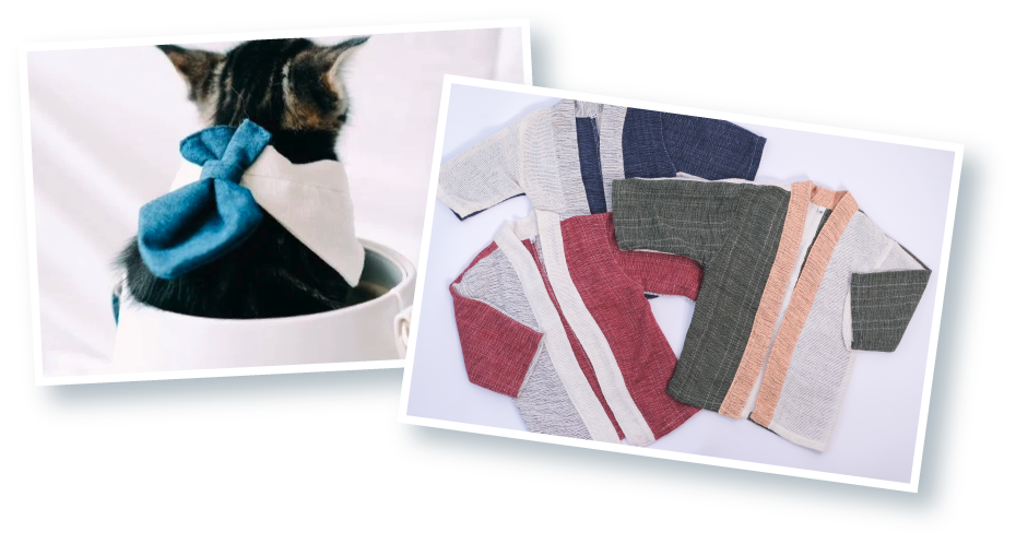 Hand-cranked Kids Kimonos in slub-knit handwoven cotton alongside pet bowtie accessory at Grandmama Store in Hong Kong