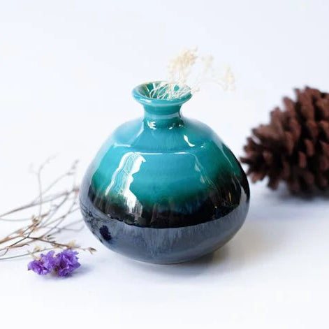 Hiroyama Kiln Vase — Blue‑Green Ripple Stripe Pattern with dried flowers at Grandmama Store in Hong Kong