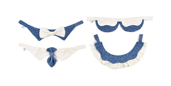 Lineup of blue and white pet collars and bow ties at Grandmama Store in Hong Kong.