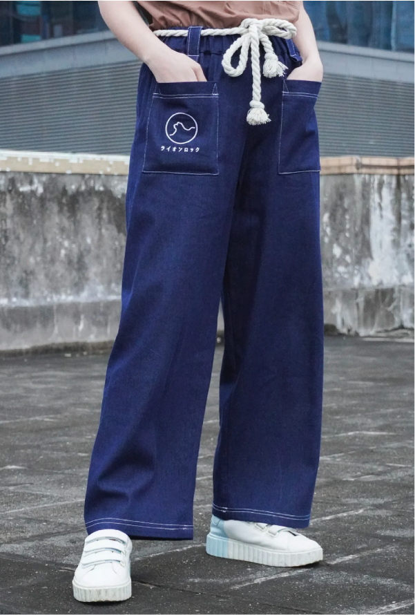 Lower-body view of navy blue Kamon Japanese Waist Rope Pants-Lion Rock at Grandmama Store in Hong Kong