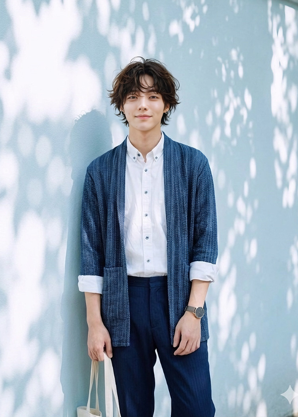 Male model wearing an indigo blue kimono cardigan jacket at Grandmama Store in Hong Kong.