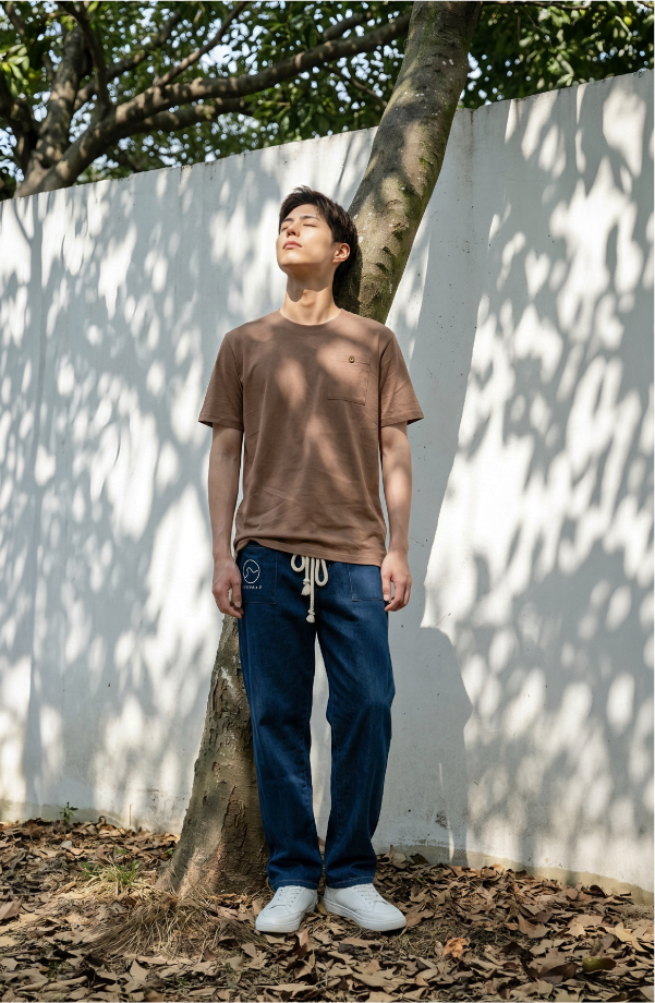 Male model wearing brown Kamon Tee-Lion Rock and navy rope pants at Grandmama Store in Hong Kong
