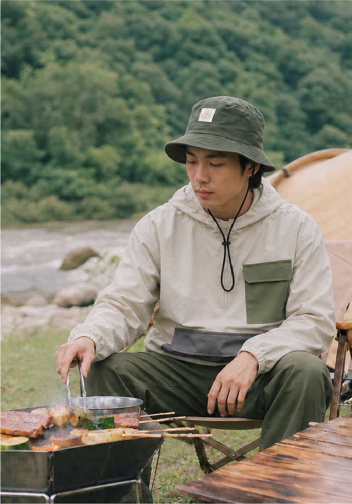 A male model wearing an olive green Yama Workwear Bucket Hat with an adjustable black chin drawstring and woven logo patch, sitting by a portable camp grill. He wears a beige windbreaker pullover with a green chest pocket while grilling food. The shot captures the durable, heavy-duty cotton material texture of the bucket hat during an outdoor camping trip at Grandmama Store in Hong Kong.