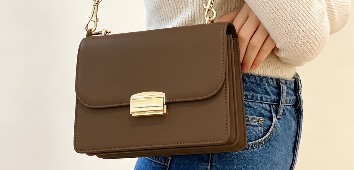 Model wearing dark brown Square Side Bag with Gold Buckle at Grandmama Store in Hong Kong