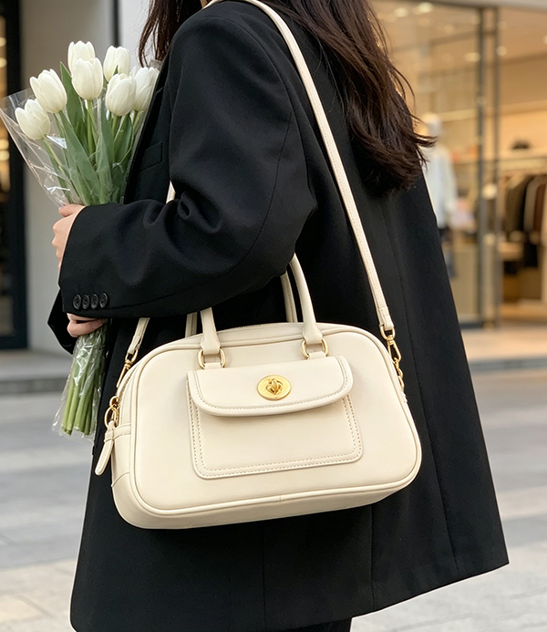 Model wearing off-white Minimalist Convertible Bag as shoulder bag at Grandmama Store in Hong Kong