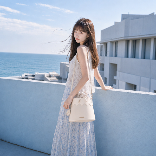 Model with Mt. Fuji Goen Bag in Tea beige at coastal location at Grandmama Store in Hong Kong