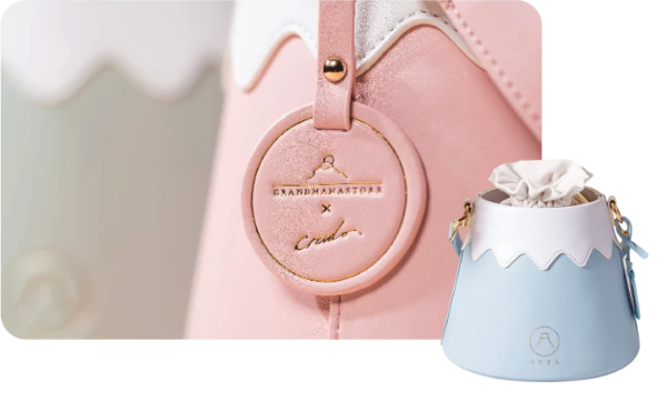 Mt. Fuji Goen Bag in Pink and Light Blue with custom leather charm at Grandmama Store in Hong Kong