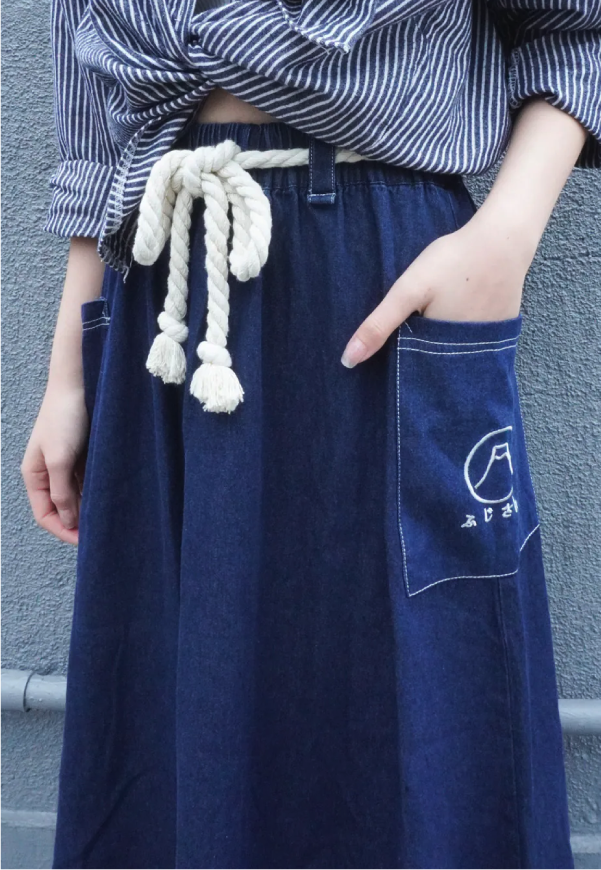 Navy blue Kamon Denim Dress showing rope belt and Mt. Fuji embroidery detail at Grandmama Store in Hong Kong