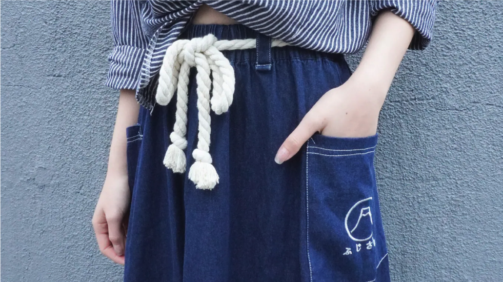 Navy blue Kamon Denim Dress showing rope belt knot and Mt. Fuji embroidery at Grandmama Store in Hong Kong