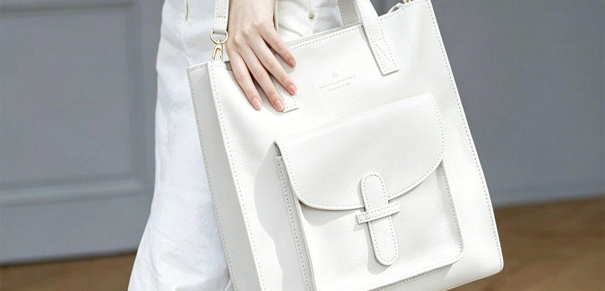 Off-white Vintage Soft Leather Convertible Bag with front pocket at Grandmama Store in Hong Kong