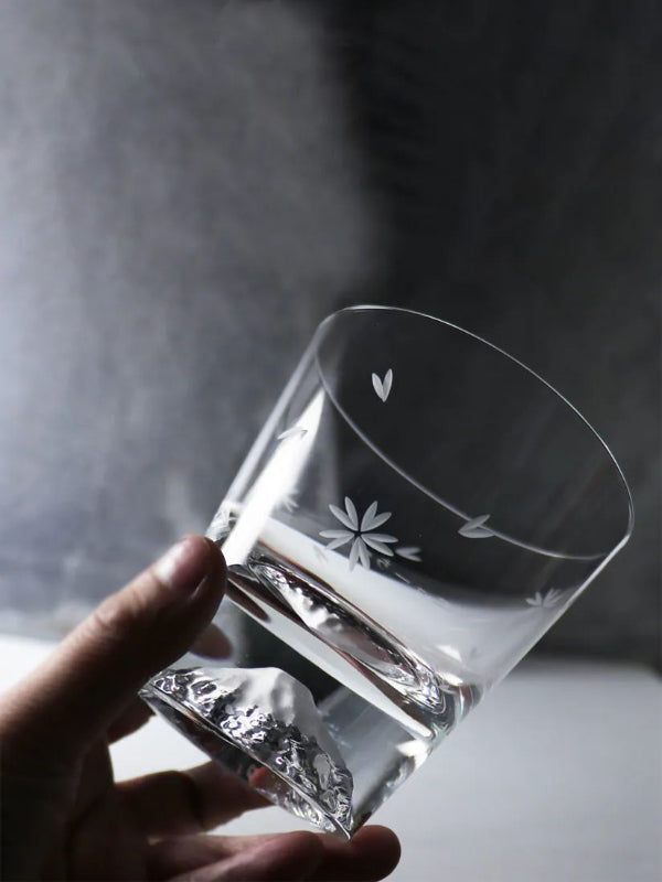 Person holding Edo Glass Sakura Mount Fuji Whisky Glass at Grandmama Store in Hong Kong