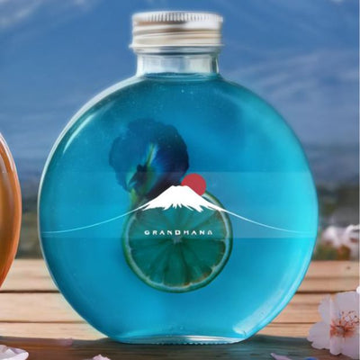 Round glass bottle of blue Fuji Mountain Butterfly Pea Flower Tea at Grandmama Store in Hong Kong