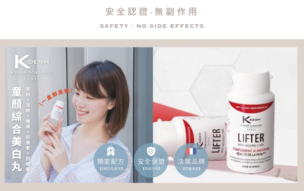 Safety certification and model promotional banner for K'DERM Lifter Anti-Ageing Care supplement at Grandmama Store in Hong Kong.