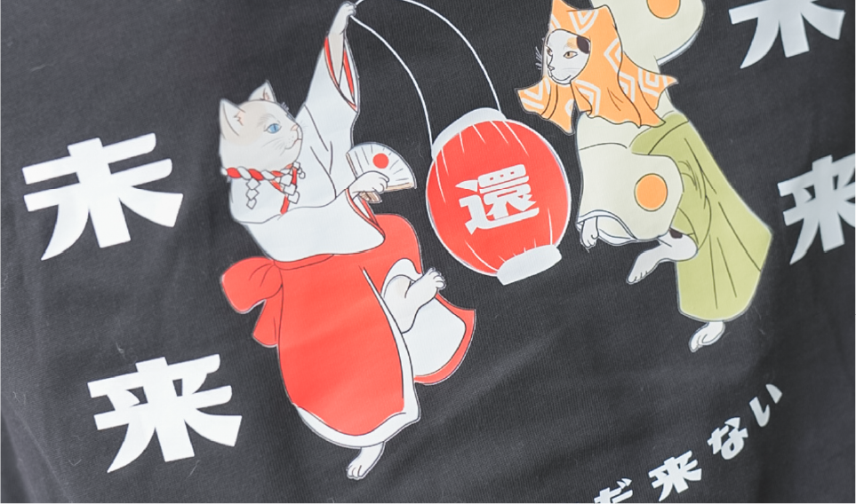 black-fabric-with-night-festival-cats-and-lantern-print-Dancing-Cat-Tee-Hong-Kong-Kwun-Tong-Grandmama-store