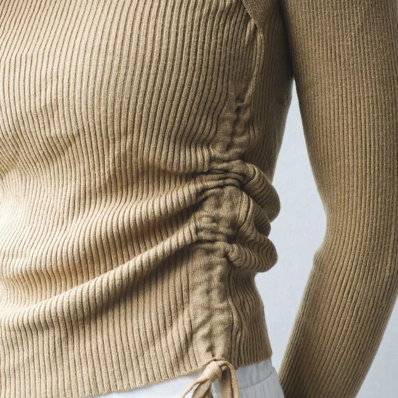 Square neck drawstring striped knitted top