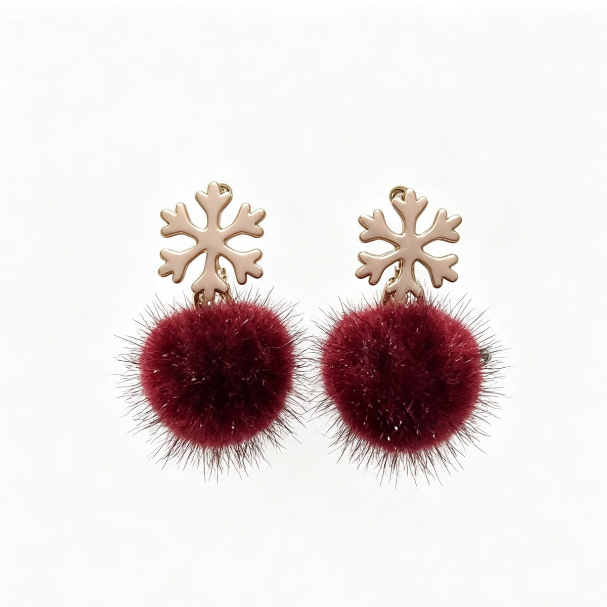 grandmama-cafe-gold-snowflake-dark-red-fluffy-pom-pom-drop-earrings-hong-kong
