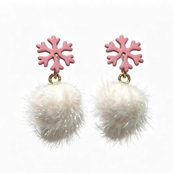 grandmama-cafe-pink-matte-snowflake-white-fluffy-pom-pom-drop-earrings-hong-kong