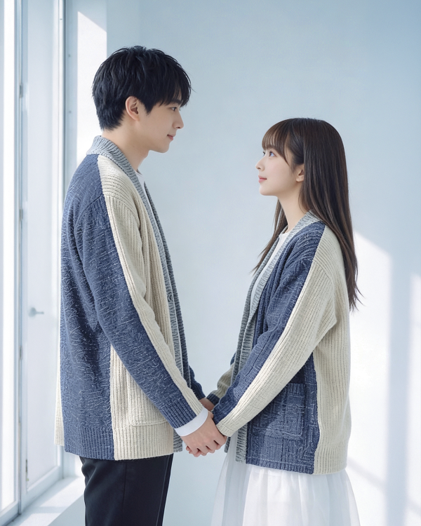A young man and woman stand facing each other, holding hands by a window, both wearing matching hand-cranked woven kimono jackets featuring a color-block design in 'Mt. Fuji' grey-blue and off-white at Grandmama Store in Hong Kong.