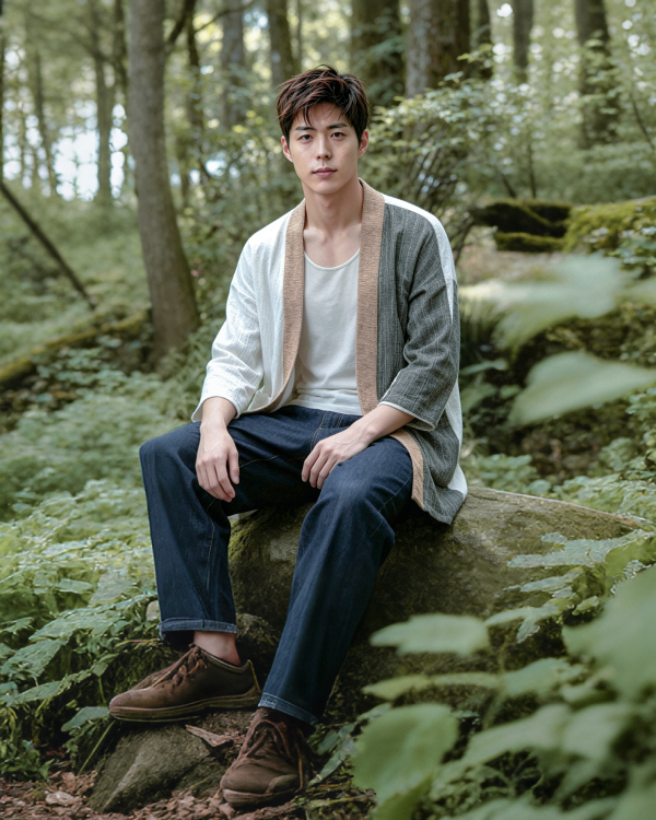 A man sits on a large mossy rock in a dense forest, wearing a hand-cranked, color-blocked woven kimono jacket in the 'Yakushima' pattern, with olive green, off-white, and natural beige panels, paired with dark blue jeans and brown suede shoes, and a simple white t-shirt, at Grandmama Store in Hong Kong