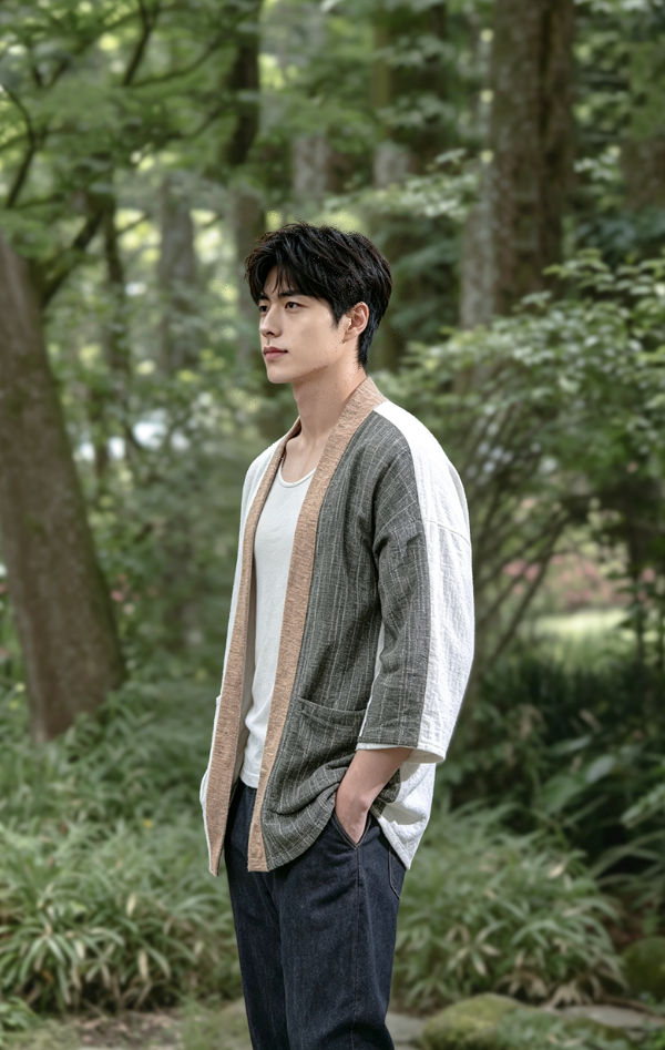 A young man with dark, styled hair looking away in profile, wearing a hand-cranked Kimono cardigan in Yakushima color—featuring a vertical paneled design with textured olive green on the front, an off-white back and sleeve, and a warm tan woven collar trim—styled over a white top and dark jeans in a lush, green forest setting at Grandmama Store in Hong Kong.