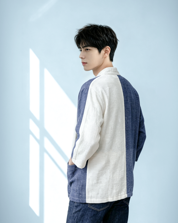 A young man with dark hair poses against a light blue wall with natural window light casting geometric shadows, viewed from the back-right profile. He wears a hand-cranked, color-blocked woven kimono jacket in Mt. Fuji blue and off-white with a visible collar label, paired with dark denim jeans at Grandmama Store in Hong Kong.