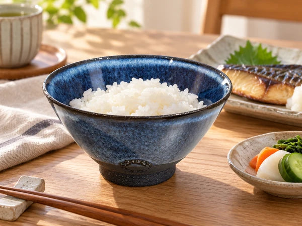 藍灰色日本製飯碗盛載白飯的早餐場景