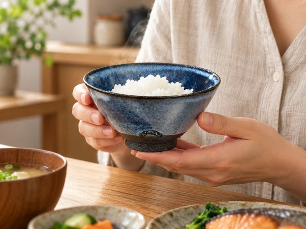 雙手捧起藍灰色日本製飯碗的用餐片刻