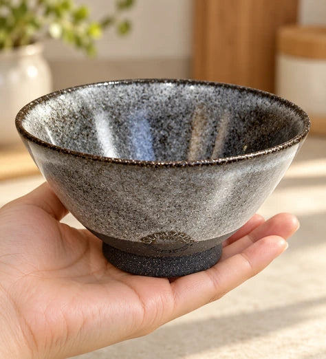 手托灰色飯碗，展示外展碗口與深色圈足
