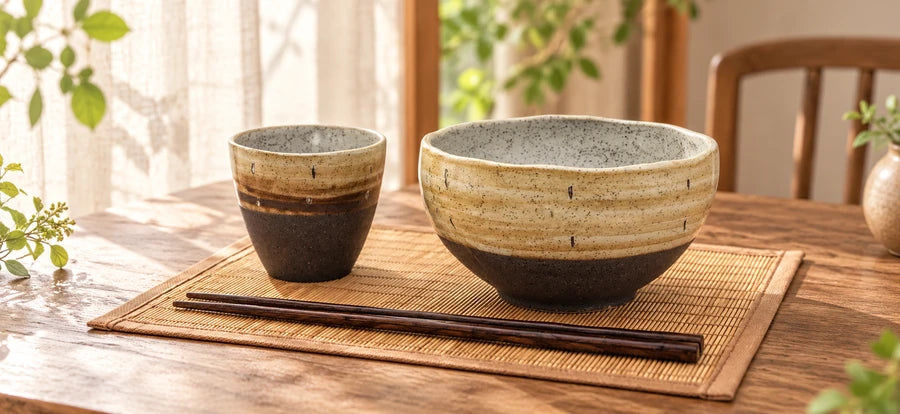 日本美濃燒餐具套裝，包含碗、杯、木筷及竹餐墊